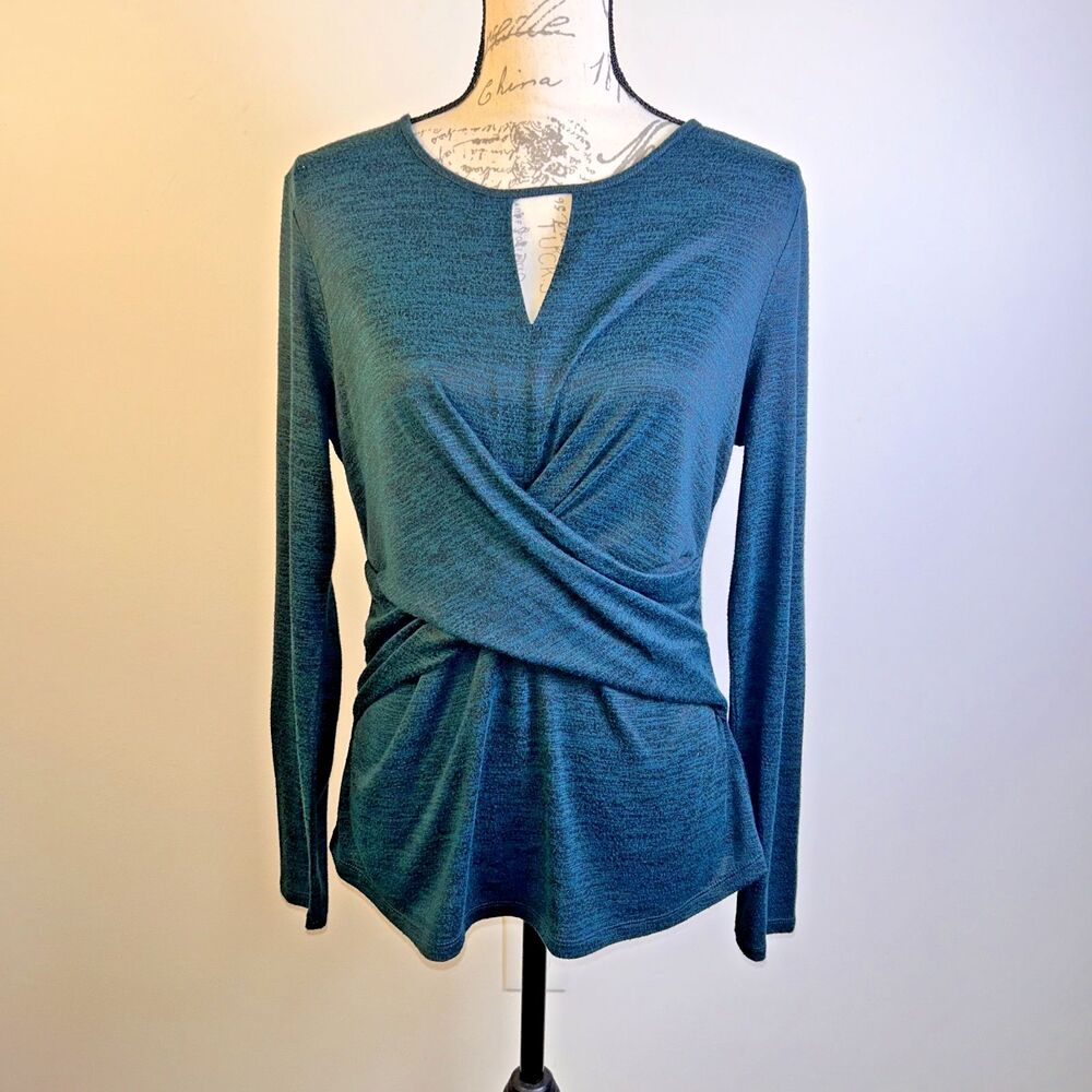 Zozo Womens Medium Teal Faux Wrap Keyhole Long Sleeve Knit Top